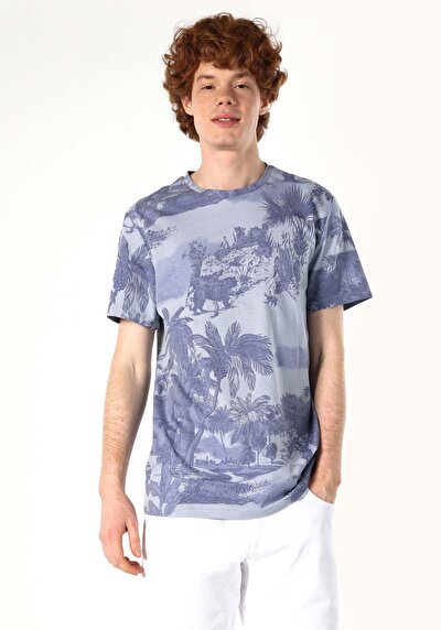 اعرض التفاصيل لـ   رقبة مستديرة مطبوعة رجالي أزرق كم قصير تي شيرت