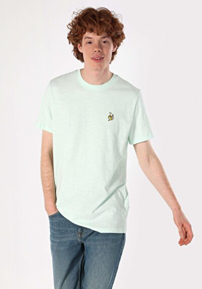 صورة من رقبة مستديرة مستقيم رجالي أخضر كم قصير تي شيرت