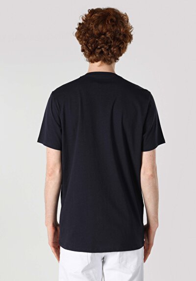 صورة من رقبة مستديرة مستقيم رجالي أزرق كحلي كم قصير تي شيرت