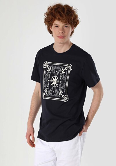 صورة من رقبة مستديرة مستقيم رجالي أزرق كحلي كم قصير تي شيرت