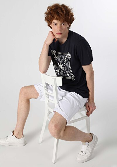 اعرض التفاصيل لـ   رقبة مستديرة مستقيم رجالي أزرق كحلي كم قصير تي شيرت