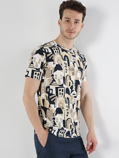 اعرض التفاصيل لـ   رقبة مستديرة مطبوعة رجالي بيج كم قصير تي شيرت