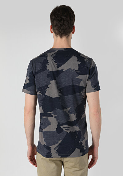 صورة من رقبة مستديرة مطبوعة رجالي أزرق كحلي كم قصير تي شيرت