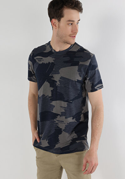 اعرض التفاصيل لـ   رقبة مستديرة مطبوعة رجالي أزرق كحلي كم قصير تي شيرت