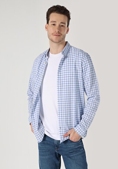 اعرض التفاصيل لـ أزرق للرجال قميص  كم طويل