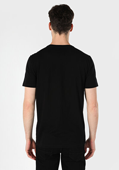 صورة من عادي مقاس رقبة مستديرة مستقيم رجالي أسود كم قصير تي شيرت