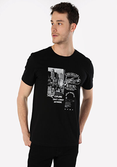 صورة من عادي مقاس رقبة مستديرة مستقيم رجالي أسود كم قصير تي شيرت