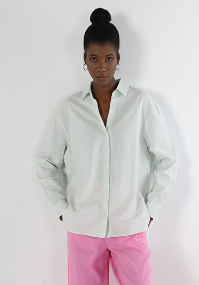 اعرض التفاصيل لـ قميص عادي رقبة مستقيم نسائي أخضر كم طويل قميص