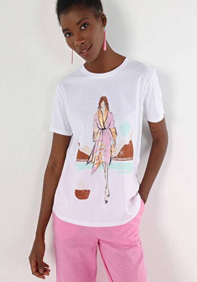 اعرض التفاصيل لـ   رقبة مستديرة نسائي أبيض بأكمام قصيرة تي شيرت