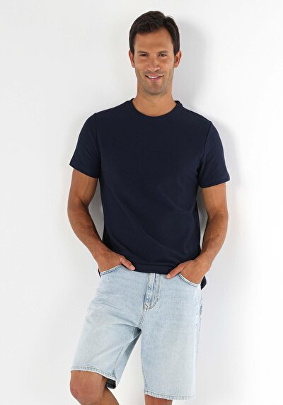 صورة من رقبة مستديرة جاكار رجالي أزرق كحلي كم قصير تي شيرت