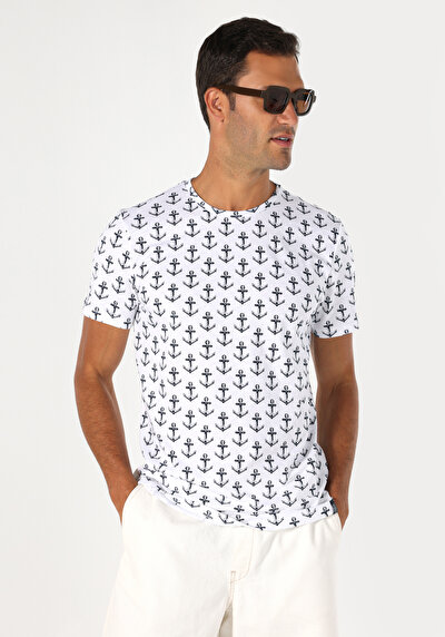 اعرض التفاصيل لـ   رقبة مستديرة مستقيم تي شيرت أبيض بأكمام قصيرة للرجال