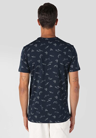 صورة من رقبة مستديرة مطبوعة رجالي أزرق كحلي كم قصير تي شيرت