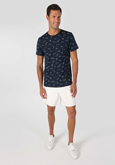 صورة من رقبة مستديرة مطبوعة رجالي أزرق كحلي كم قصير تي شيرت