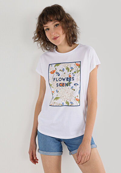 صورة من   رقبة مستديرة نسائي أبيض بأكمام قصيرة تي شيرت