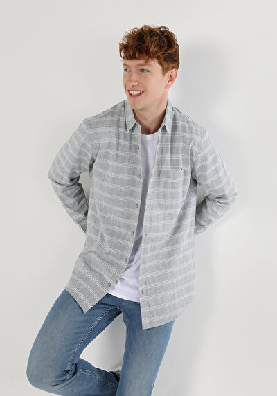 اعرض التفاصيل لـ قميص مريح  رقبة مخطط رجالي قميص رمادي طويل الأكمام