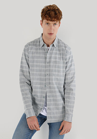 اعرض التفاصيل لـ قميص مريح  رقبة مخطط رجالي قميص رمادي طويل الأكمام