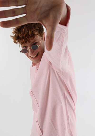 صورة من قميص مريح  رقبة مستقيم رجالي وردي كم طويل قميص