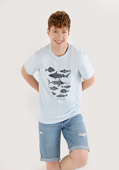 صورة من   رقبة مستديرة مستقيم رجالي أزرق كم قصير تي شيرت