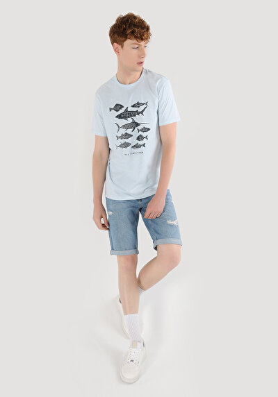 صورة من رقبة مستديرة مستقيم رجالي أزرق كم قصير تي شيرت