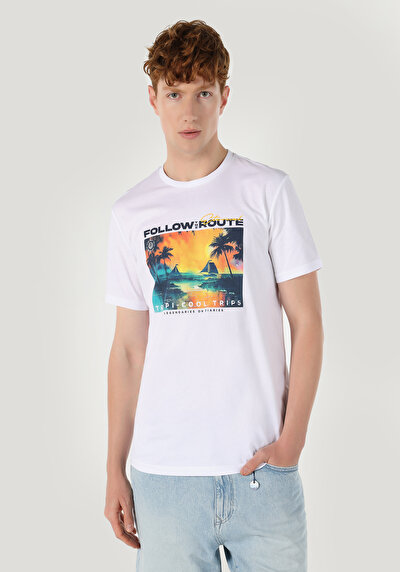 اعرض التفاصيل لـ   رقبة مستديرة مستقيم تي شيرت أبيض بأكمام قصيرة للرجال