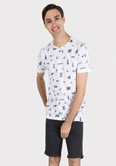 صورة من   رقبة مستديرة مطبوعة للرجال أبيض بأكمام قصيرة تي شيرت