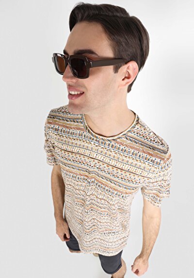 صورة من   طوق دائري مطبوع رجالي Ecru قصيرة الأكمام تي شيرت