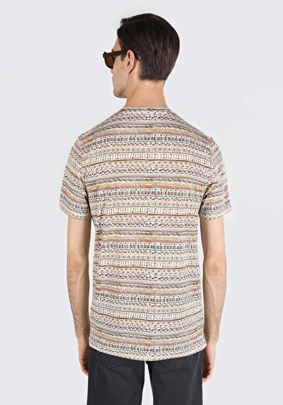 صورة من طوق دائري مطبوع رجالي Ecru قصيرة الأكمام تي شيرت