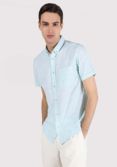 اعرض التفاصيل لـ قميص نحيف رقبة مستقيم رجالي أخضر كم قصير قميص