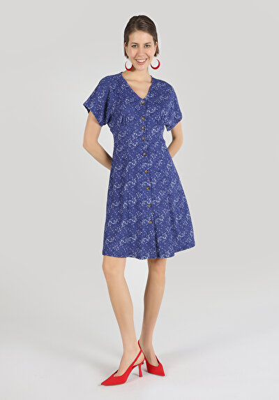 اعرض التفاصيل لـ فستان نسائي أزرق قصير الأكمام المطبوعة نحيفة