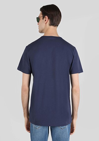 صورة من رقبة مستديرة مستقيم رجالي أزرق كحلي كم قصير تي شيرت