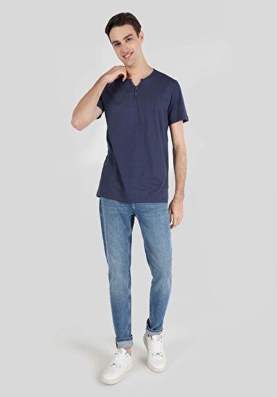 اعرض التفاصيل لـ   رقبة مستديرة مستقيم رجالي أزرق كحلي كم قصير تي شيرت