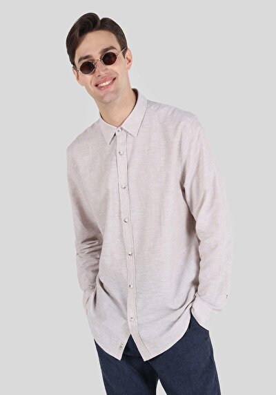 اعرض التفاصيل لـ قميص مريح  رقبة مستقيم رجالي بيج كم طويل قميص