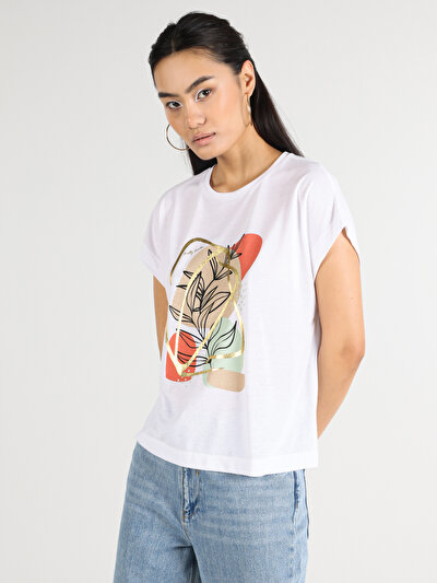 صورة من أبيض للنساء تي شيرت بأكمام قصيرة