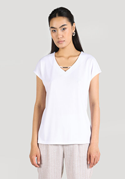 اعرض التفاصيل لـ   رقبة على شكل حرف V مستقيم نسائي أبيض بأكمام قصيرة تي شيرت