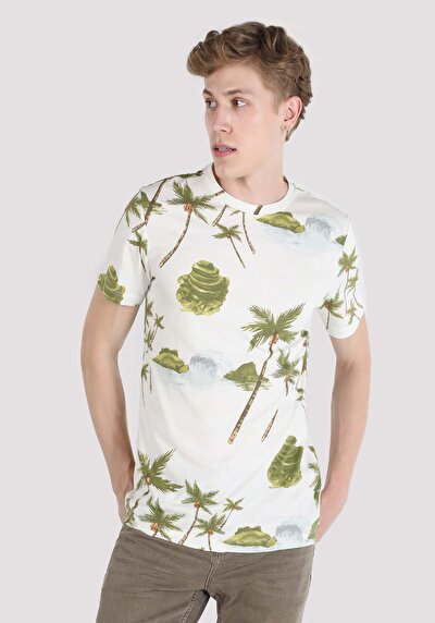 صورة من طوق دائري مطبوع رجالي Ecru قصيرة الأكمام تي شيرت