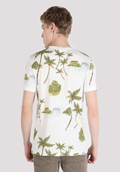 اعرض التفاصيل لـ   طوق دائري مطبوع رجالي Ecru قصيرة الأكمام تي شيرت