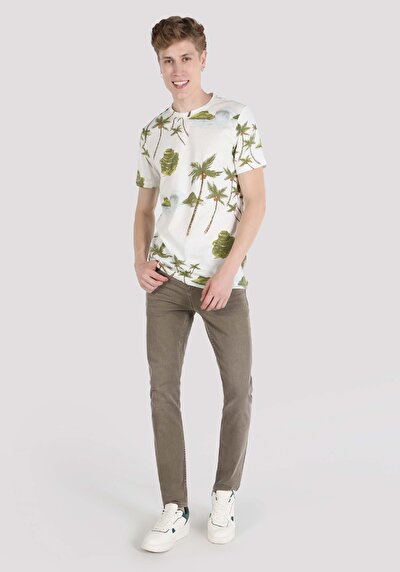 اعرض التفاصيل لـ   طوق دائري مطبوع رجالي Ecru قصيرة الأكمام تي شيرت