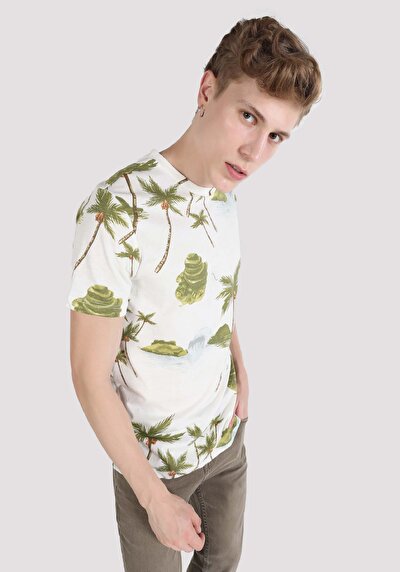 اعرض التفاصيل لـ   طوق دائري مطبوع رجالي Ecru قصيرة الأكمام تي شيرت