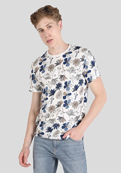 صورة من   رقبة مستديرة مطبوعة للرجال أبيض بأكمام قصيرة تي شيرت