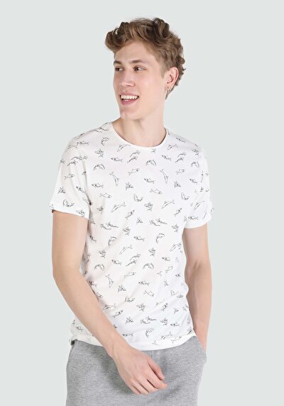 صورة من   رقبة مستديرة مطبوعة للرجال أبيض بأكمام قصيرة تي شيرت