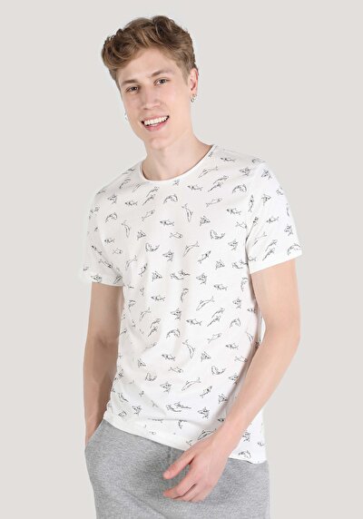 اعرض التفاصيل لـ   رقبة مستديرة مطبوعة للرجال أبيض بأكمام قصيرة تي شيرت