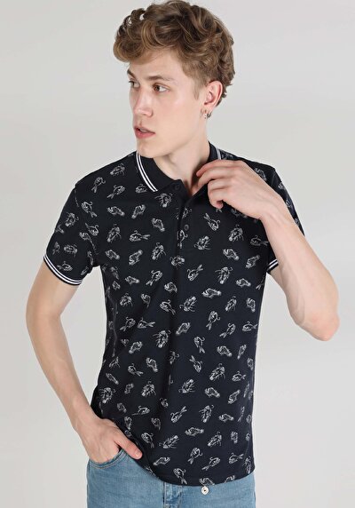 صورة من ياقة بولو عادية مطبوعة رجالي أزرق كحلي كم قصير تي شيرت