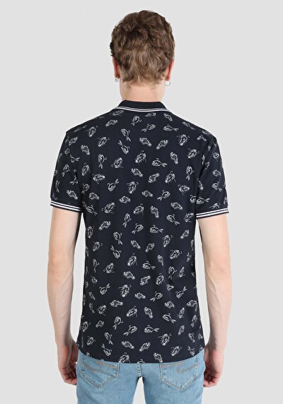 صورة من ياقة بولو عادية مطبوعة رجالي أزرق كحلي كم قصير تي شيرت