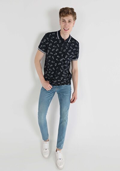 صورة من ياقة بولو عادية مطبوعة رجالي أزرق كحلي كم قصير تي شيرت