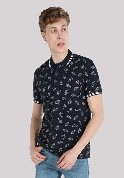 اعرض التفاصيل لـ ياقة بولو عادية مطبوعة رجالي أزرق كحلي كم قصير تي شيرت