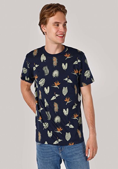 اعرض التفاصيل لـ   رقبة مستديرة مطبوعة رجالي أزرق كحلي كم قصير تي شيرت