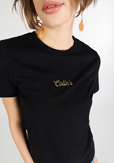 اعرض التفاصيل لـ أسود للنساء تي شيرت بأكمام قصيرة