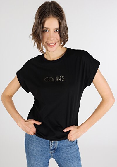 اعرض التفاصيل لـ أسود للنساء تي شيرت بأكمام قصيرة