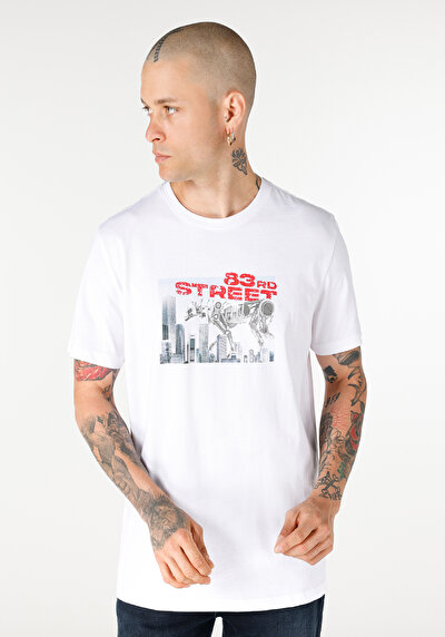 صورة من عادي قصة رقبة مستديرة رجالي أبيض كم قصير تي شيرت