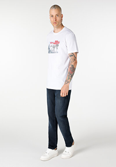 صورة من عادي قصة رقبة مستديرة رجالي أبيض كم قصير تي شيرت